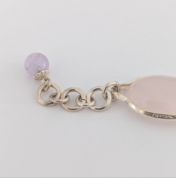 Vintage '90s Amethyst & Rose Quartz Cabochon Linked Sterling Silver Bracelet - Picture 8 of 15